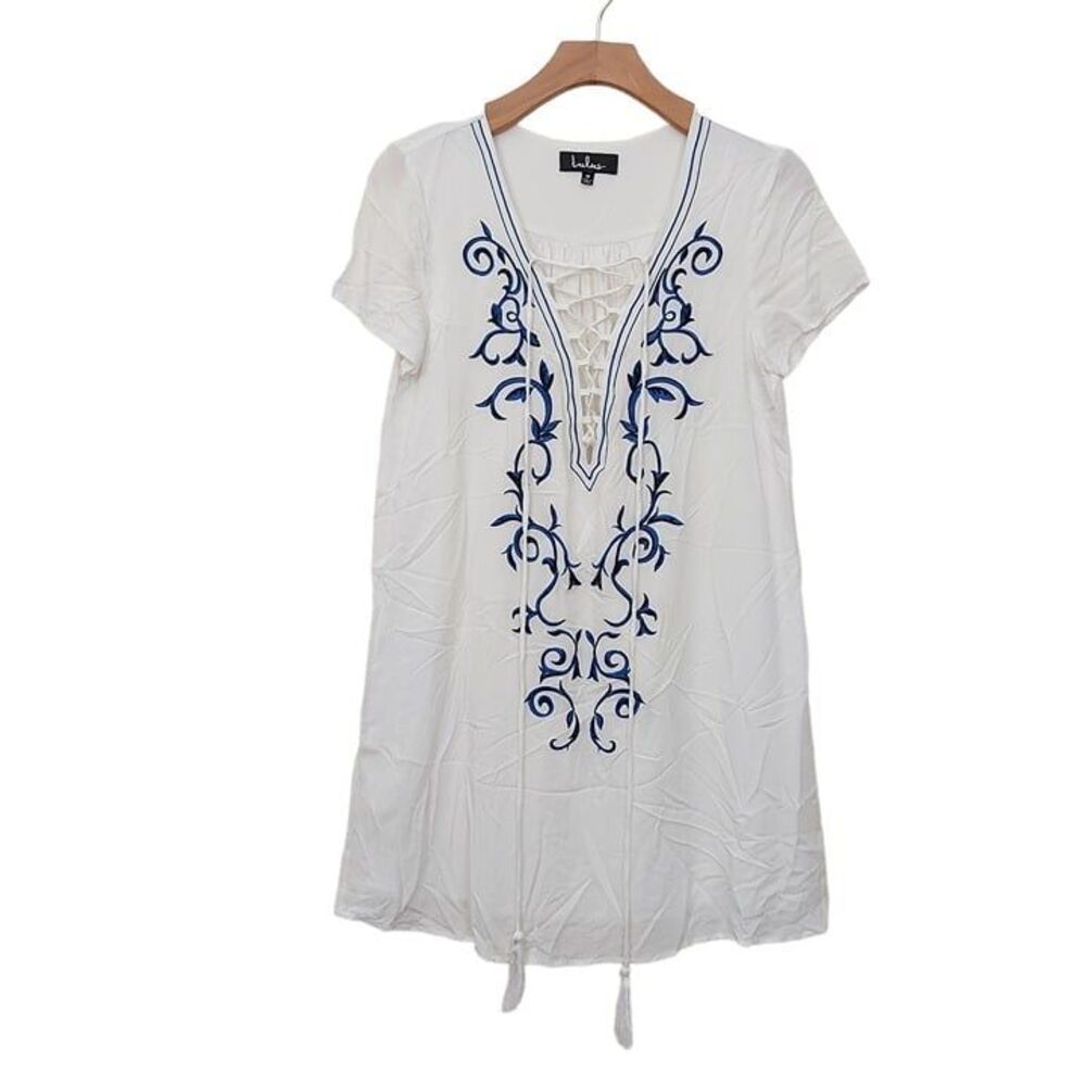 Lulus Womens Medium White Shift Dress Lace Up Embroidered Beach Coastal Boho